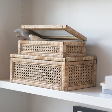 Creative Co-Op Modern Decorative Rectangle Woven Rattan and Wood Display Boxes with Glass Top, Set of 2 Sizes, Natural Finish