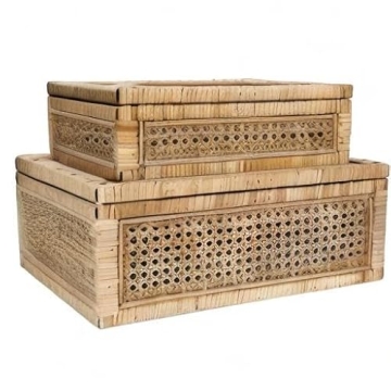 Creative Co-Op Modern Decorative Rectangle Woven Rattan and Wood Display Boxes with Glass Top, Set of 2 Sizes, Natural Finish