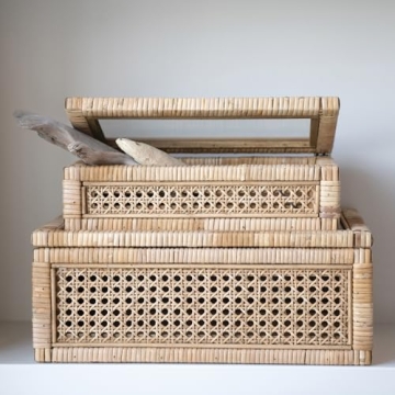 Creative Co-Op Modern Decorative Rectangle Woven Rattan and Wood Display Boxes with Glass Top, Set of 2 Sizes, Natural Finish