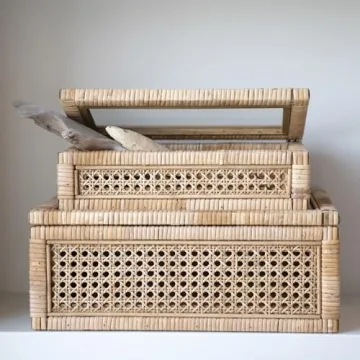 Creative Co-Op Modern Decorative Rectangle Woven Rattan and Wood Display Boxes with Glass Top, Set of 2 Sizes, Natural Finish
