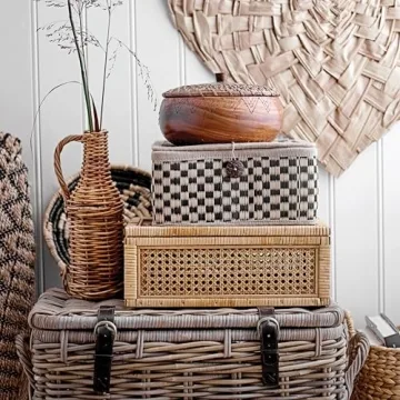 Creative Co-Op Modern Decorative Rectangle Woven Rattan and Wood Display Boxes with Glass Top, Set of 2 Sizes, Natural Finish