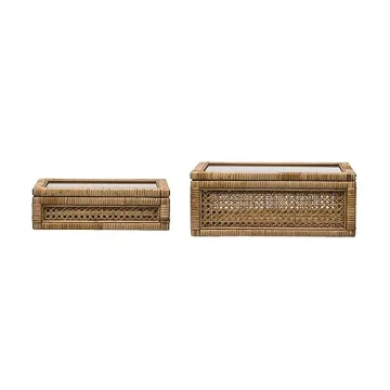 Creative Co-Op Modern Decorative Rectangle Woven Rattan and Wood Display Boxes with Glass Top, Set of 2 Sizes, Natural Finish