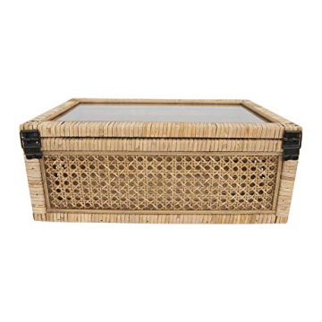 Creative Co-Op Modern Decorative Rectangle Woven Rattan and Wood Display Boxes with Glass Top, Set of 2 Sizes, Natural Finish