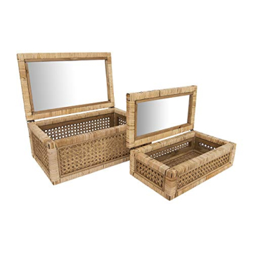 Creative Co-Op Modern Decorative Rectangle Woven Rattan and Wood Display Boxes with Glass Top, Set of 2 Sizes, Natural Finish