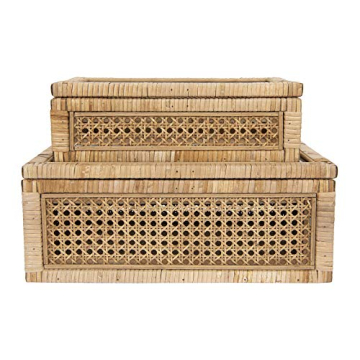 Creative Co-Op Modern Decorative Rectangle Woven Rattan and Wood Display Boxes with Glass Top, Set of 2 Sizes, Natural Finish