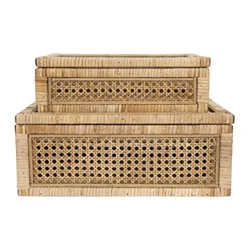 Creative Co-Op Modern Decorative Rectangle Woven Rattan and Wood Display Boxes with Glass Top, Set of 2 Sizes, Natural Finish