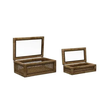 Creative Co-Op Modern Decorative Rectangle Woven Rattan and Wood Display Boxes with Glass Top, Set of 2 Sizes, Natural Finish