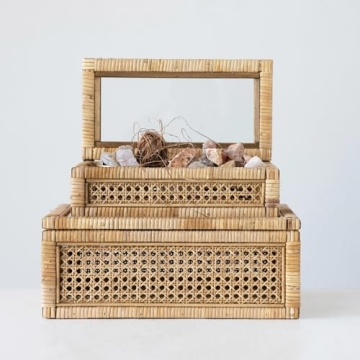 Creative Co-Op Modern Decorative Rectangle Woven Rattan and Wood Display Boxes with Glass Top, Set of 2 Sizes, Natural Finish