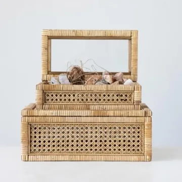 Creative Co-Op Modern Decorative Rectangle Woven Rattan and Wood Display Boxes with Glass Top, Set of 2 Sizes, Natural Finish