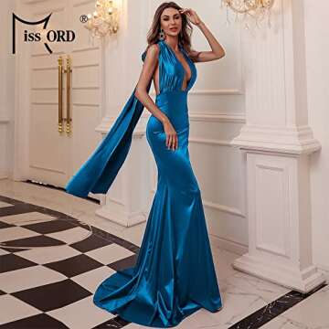 Miss ord Women Sexy V Neck Sleeveless Long Halter Party Dress Blue
