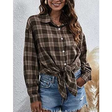 Zontroldy Brown Plaid Flannel Shirt Women Oversized Long Sleeve Button Down Buffalo Plaid Shirt Blouse Tops (0228-Coffee-M)