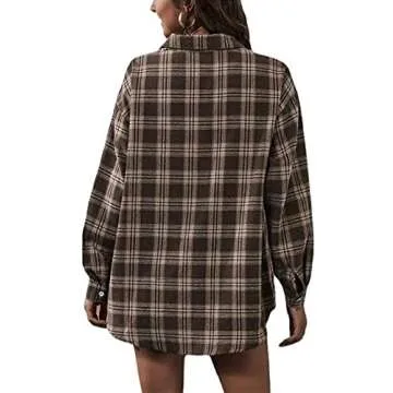 Zontroldy Brown Plaid Flannel Shirt Women Oversized Long Sleeve Button Down Buffalo Plaid Shirt Blouse Tops (0228-Coffee-M)