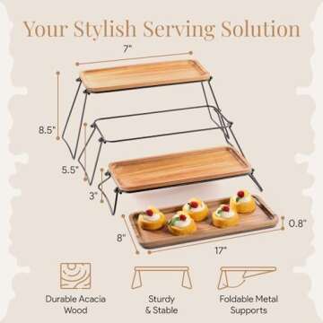 Homesphere 3 Tiered Tray Stand - Acacia Wood 3 Tier Serving Tray, Cupcake, Cake, Charcuterie Boards & Food Stand, Dessert Table Display Set, Wooden Party Serving Platters with Foldable Metal Supports