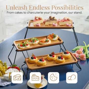 Homesphere 3 Tiered Tray Stand - Acacia Wood 3 Tier Serving Tray, Cupcake, Cake, Charcuterie Boards & Food Stand, Dessert Table Display Set, Wooden Party Serving Platters with Foldable Metal Supports