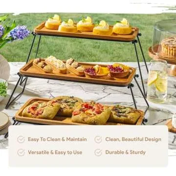 Homesphere 3 Tiered Tray Stand - Acacia Wood 3 Tier Serving Tray, Cupcake, Cake, Charcuterie Boards & Food Stand, Dessert Table Display Set, Wooden Party Serving Platters with Foldable Metal Supports
