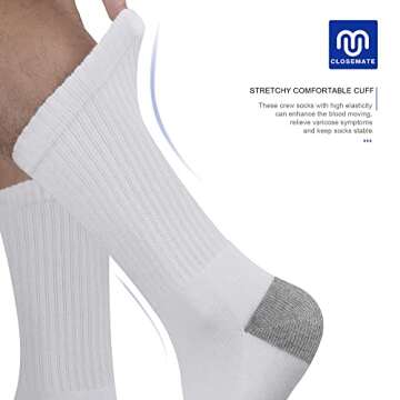 CLOSEMATE Mens Crew Socks Cotton Cushioned Moisture Wicking Sport Socks Breathable Training Athletic Socks 6 Pairs