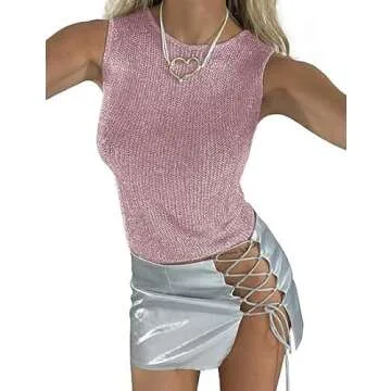 Meladyan Women Sexy Fishnet Knit Glittering Crop Tank Going Out Top Sheer Mesh Sleeveless Crewneck Solid Slim Cropped Tops Pink