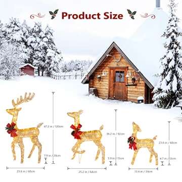 3 Pieces Reindeer Christmas Decor Outdoor, Lighted Reindeer Christmas Outdoor Yard Decorations, Outside Light Up Deer Family Set with 270 Lights and Stakes for Indoor and Outdoor