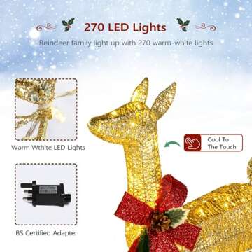 3 Pieces Reindeer Christmas Decor Outdoor, Lighted Reindeer Christmas Outdoor Yard Decorations, Outside Light Up Deer Family Set with 270 Lights and Stakes for Indoor and Outdoor