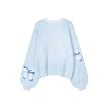 Libsorge Womens Oversized Cute Bow Tie Sweater Fall Winter 2024 Spring 2025 Valentine Day Ladies Dressy Casual Cozy Chunky Ribbed Knit Crewneck Long Sleeve Pullover Tops Blue