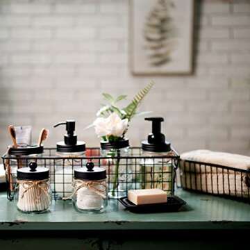 SheeChung 6Pcs Mason Jars Bathroom Accessories Set Complete - Toothbrush Holder, Lotion Soap Dispenser, 2 Mason Jars, Soap Dish, Toilet Paper Basket, Rustic Farmhouse Decor (Black, 6Pcs Bathroom Set)