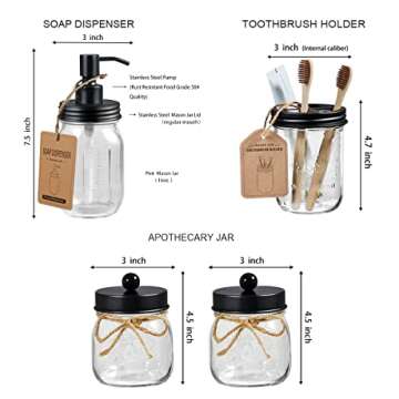 SheeChung 6Pcs Mason Jars Bathroom Accessories Set Complete - Toothbrush Holder, Lotion Soap Dispenser, 2 Mason Jars, Soap Dish, Toilet Paper Basket, Rustic Farmhouse Decor (Black, 6Pcs Bathroom Set)
