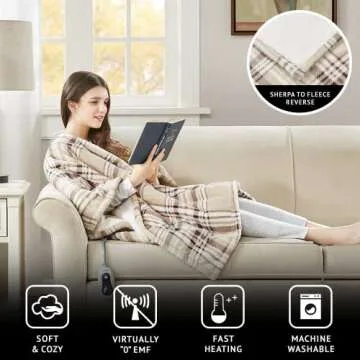 Beautyrest Reversible Sherpa to Fleece Electric Wrap Poncho Blanket Shawl Wearable, Auto Shut Off, Virtually Zero EMF, Multi Heat Setting, UL Certified, Machine Washable, Tan Plaid 50" x 64"