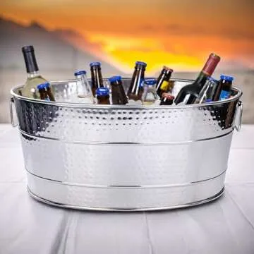 BREKX Aspen Heavy-Duty Oval Stainless Steel Beverage Tub for Parties - Metal Large Ice Bucket for Dr...