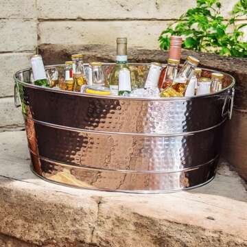 BREKX Aspen Heavy-Duty Oval Stainless Steel Beverage Tub for Parties - Metal Large Ice Bucket for Drinks, 25-Quart (30-Bottle) Large Cooler Drink Tub