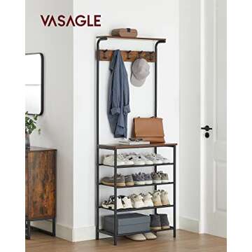 VASAGLE Hall Tree with Shoe Bench, Coat Rack Shoe Bench, 5-Tier Shoe Rack Different Heights, 5 Dual ...