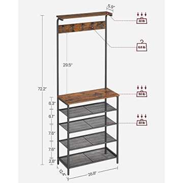 VASAGLE Hall Tree with Shoe Bench, Coat Rack Shoe Bench, 5-Tier Shoe Rack Different Heights, 5 Dual Hooks, Top Shelf, Entryway Organizer, Hallway Bedroom Dorm, Rustic Brown and Black UHSR412B01