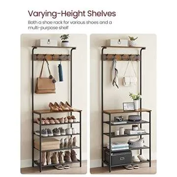 VASAGLE Hall Tree with Shoe Bench, Coat Rack Shoe Bench, 5-Tier Shoe Rack Different Heights, 5 Dual Hooks, Top Shelf, Entryway Organizer, Hallway Bedroom Dorm, Rustic Brown and Black UHSR412B01