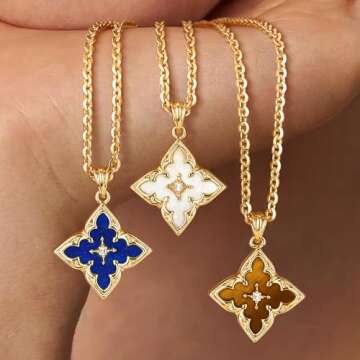 Fettero Gold Clover Necklace for Women Dainty 14K Gold Plated CZ Pendant Necklace Charm Colorful Clover Pendant Lucky Necklace for Women Jewelry - White Mother of Pearl