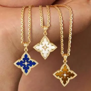 Fettero Gold Clover Necklace for Women Dainty 14K Gold Plated CZ Pendant Necklace Charm Colorful Clover Pendant Lucky Necklace for Women Jewelry - White Mother of Pearl