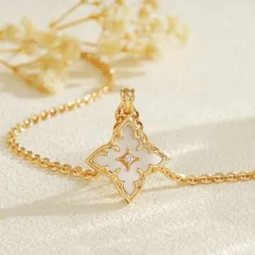 Fettero Gold Clover Necklace for Women Dainty 14K Gold Plated CZ Pendant Necklace Charm Colorful Clover Pendant Lucky Necklace for Women Jewelry - White Mother of Pearl