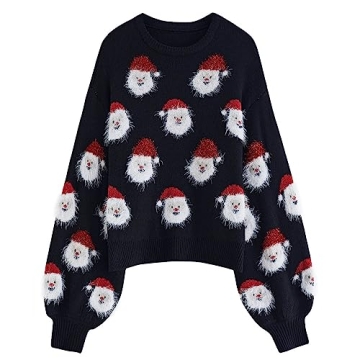 CHICWISH Women's Black Fuzzy Santa Claus Christmas Sweater Pullover Knit Top