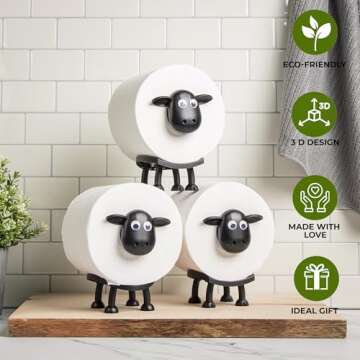 VELENTI Sheep Toilet Roll Holder - Funny Toilet Paper Holder Free Standing Bathroom Set - 3D Printed Black Sheep Loo Roll Holder - Hilarious Tissue Paper Roll Storage - Cute Bathroom Decor - Set of 3