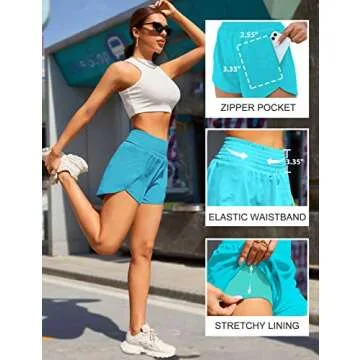 BMJL Women's Athletic Shorts High Waisted Running Shorts Pocket Sporty Shorts Gym Elastic Workout Shorts(M,Lake Blue)