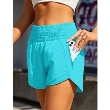BMJL Women's Athletic Shorts High Waisted Running Shorts Pocket Sporty Shorts Gym Elastic Workout Shorts(M,Lake Blue)