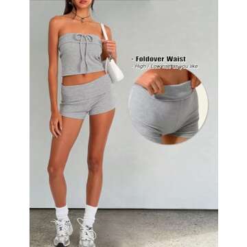 TZLDN Lounge Sets for Women 2 Piece Outfits Y2k Casual Fold Over Tube Top Bandeau Shorts Cute Going Out Matching Sets Grey - Small