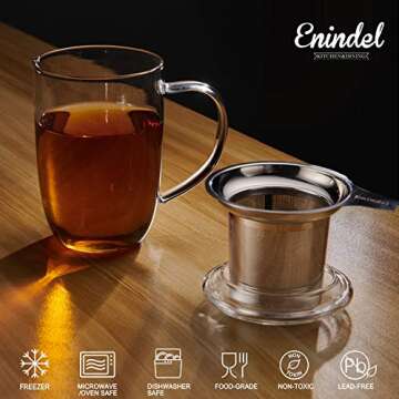 Enindel 3020.04 Glass Tea Mug with Infuser and Lid, Tea Cup, Clear, 18 OZ, GM004
