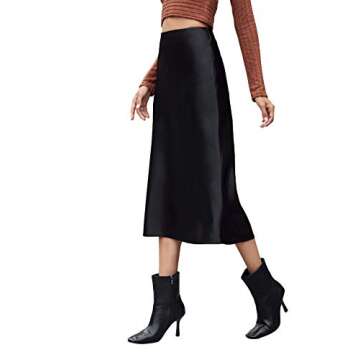 Verdusa Women's Elegant Zip Up Side High Waist A Line Satin Midi Skirt Black S