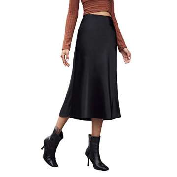 Verdusa Women's Elegant Zip Up Side High Waist A Line Satin Midi Skirt Black S