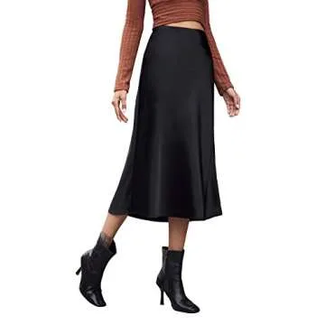 Verdusa Women's Elegant Zip Up Side High Waist A Line Satin Midi Skirt Black S