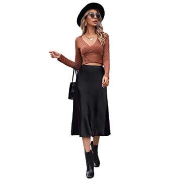 Verdusa Women's Elegant Zip Up Side High Waist A Line Satin Midi Skirt Black S