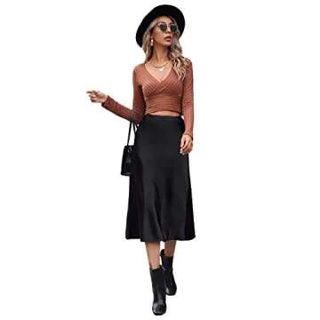 Verdusa Women's Elegant Zip Up Side High Waist A Line Satin Midi Skirt Black S