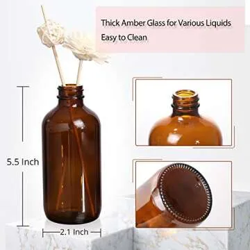 AOZITA [ 12 Pack, 8 OZ ] Glass Amber Bottles with Black Poly Cone Cap & 3 Stainless Steel Funnels & 12 Labels - 240ml Boston Round Sample Bottles, Brown Glass Apothecary Bottles