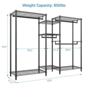 VIPEK V6 Wire Garment Rack Heavy Duty Clothes Rack with Shelves, Freestanding Portable Wardrobe Closet Rack for Hanging Clothes Closet System 73.6" L x 17.3" W x 76.4" H, Max Load 850LBS, Black