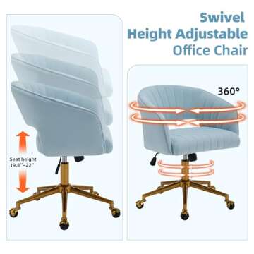 Westice Home Office Desk Chairs, Modern Velvet Rolling Chair, Height Adjustable Swivel Vanity Chair with Golden Base, Ergonomic Chair for Study, Living Room Computer Room, Light Blue