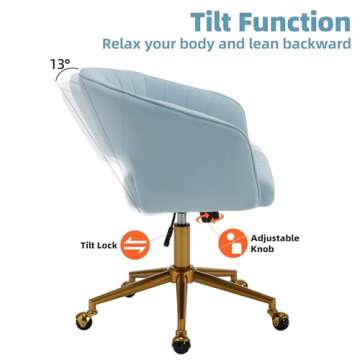 Westice Home Office Desk Chairs, Modern Velvet Rolling Chair, Height Adjustable Swivel Vanity Chair with Golden Base, Ergonomic Chair for Study, Living Room Computer Room, Light Blue
